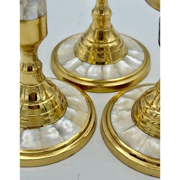 Brass and Mother of Pearl Candle Sticks Set of 3 - Picture 3 of 7